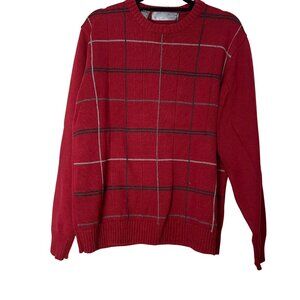 Oscar De La Renta Mens Red Plaid Sweater Size Large long sleeve Knit grey black